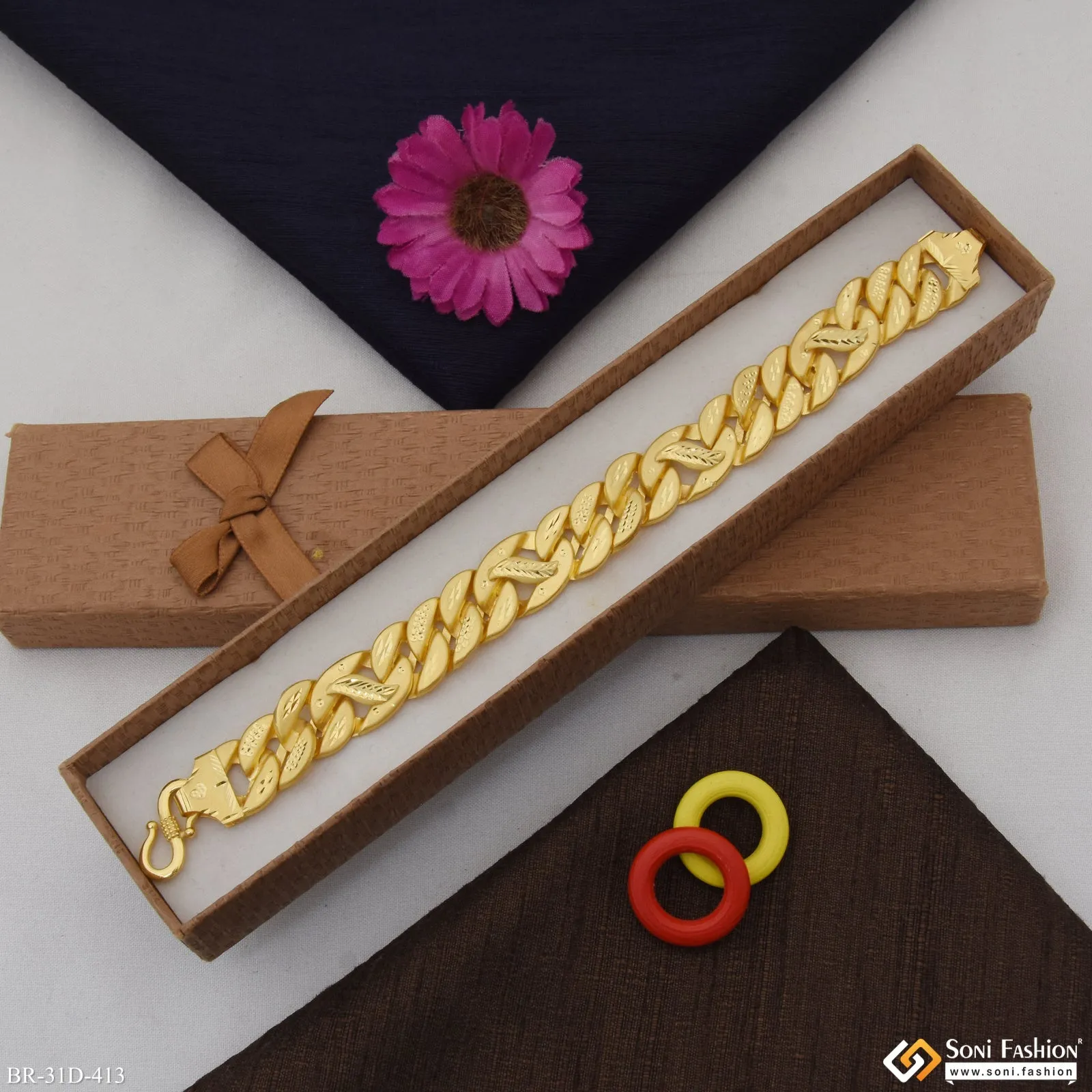 1 Gram Gold Plated Glittering Design Pokal Bracelet for Men - Style D413