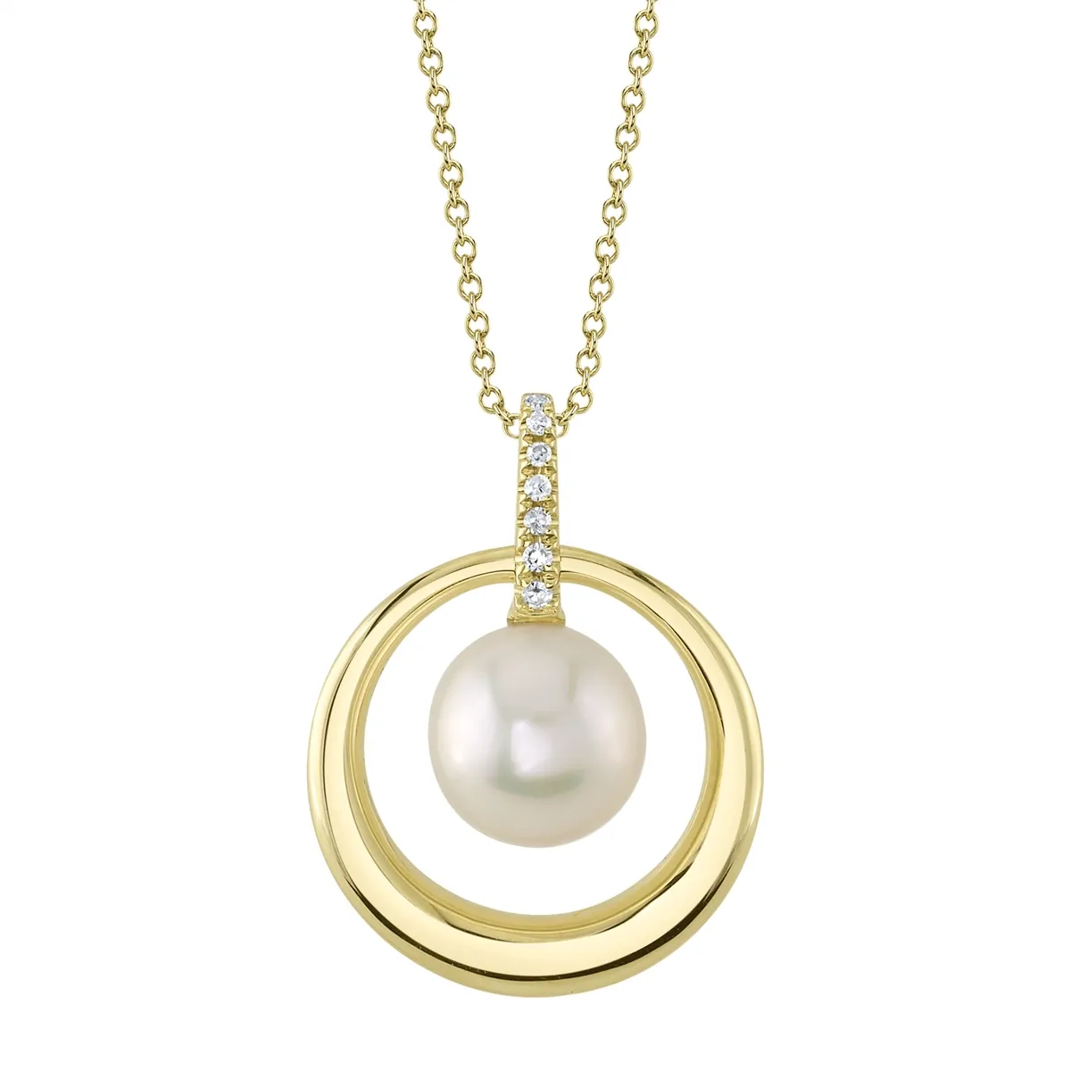 14K Yellow Gold Circle Diamond and Cultured Pearl Pendant Necklace
