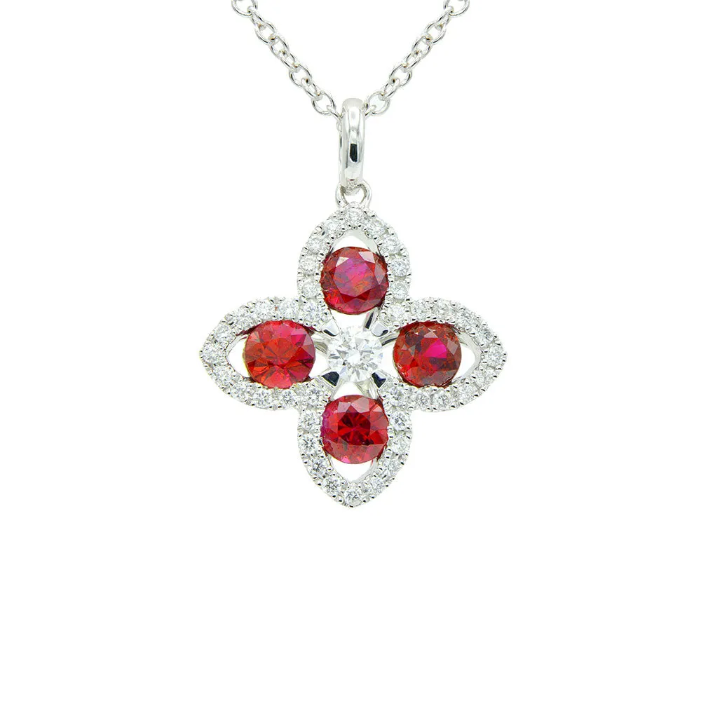 18 Karat White Gold Ruby Flower Pendant Necklace