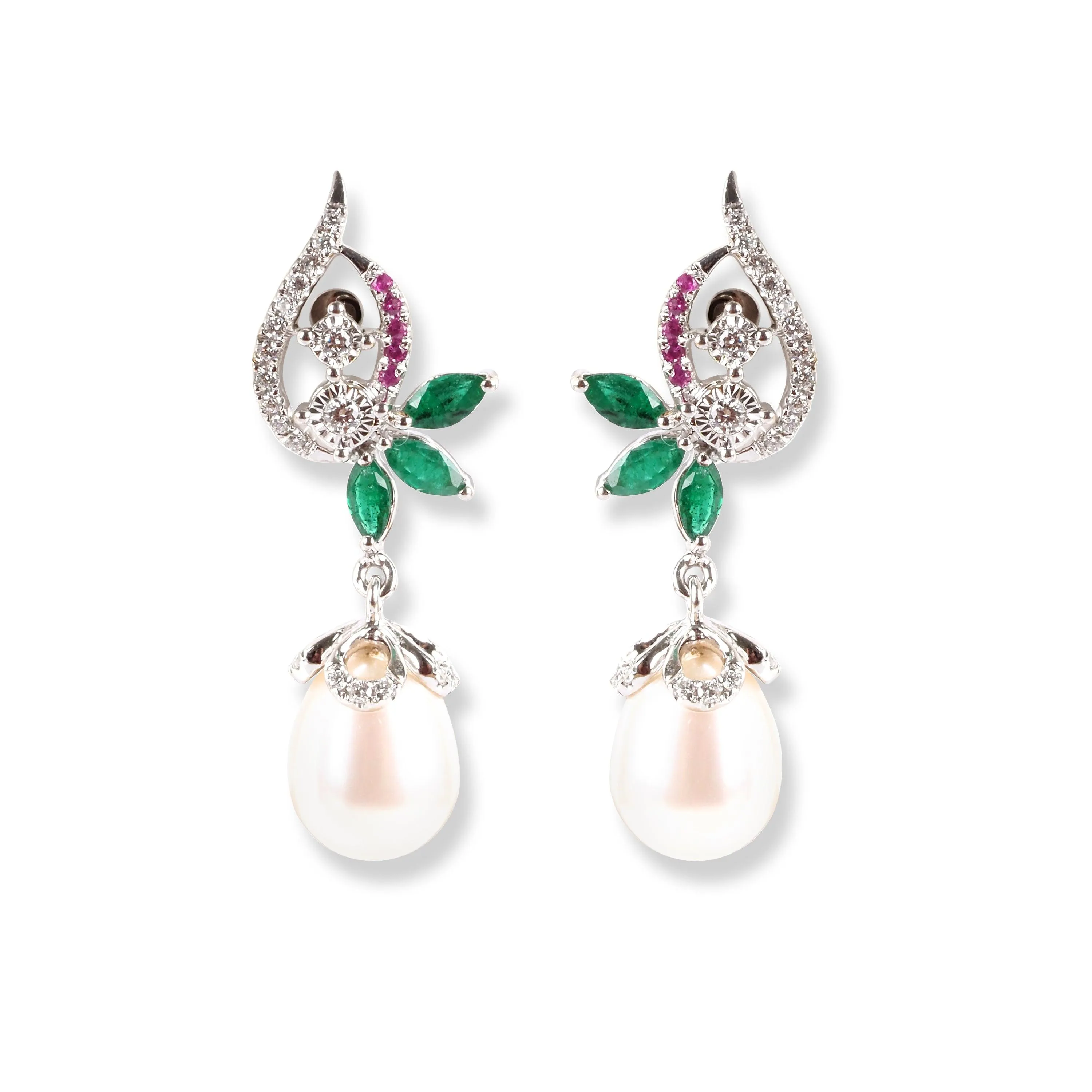 18ct White Gold Diamond , Emerald, Ruby & Cultured Pearl Drop Set MCS6231/2
