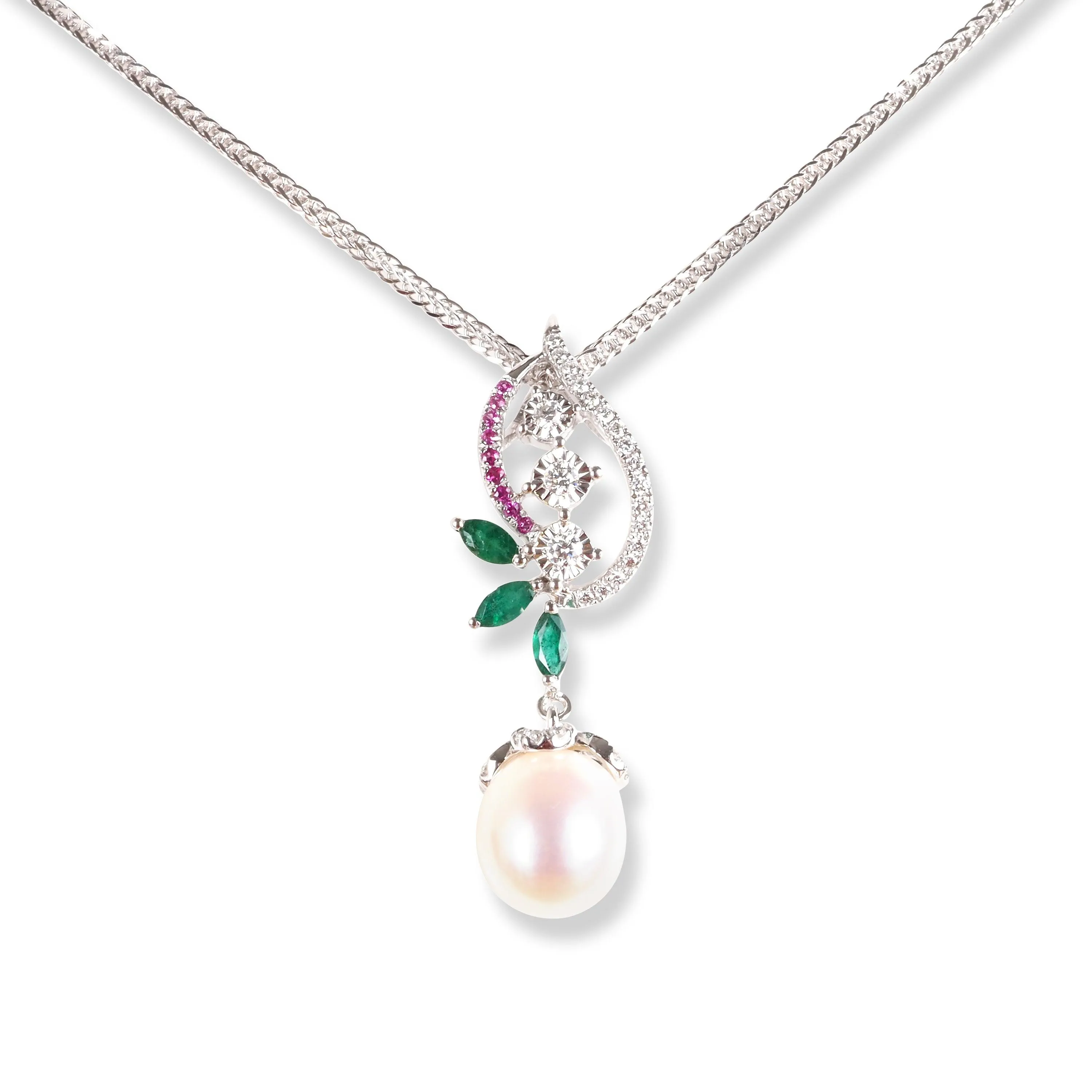 18ct White Gold Diamond , Emerald, Ruby & Cultured Pearl Drop Set MCS6231/2