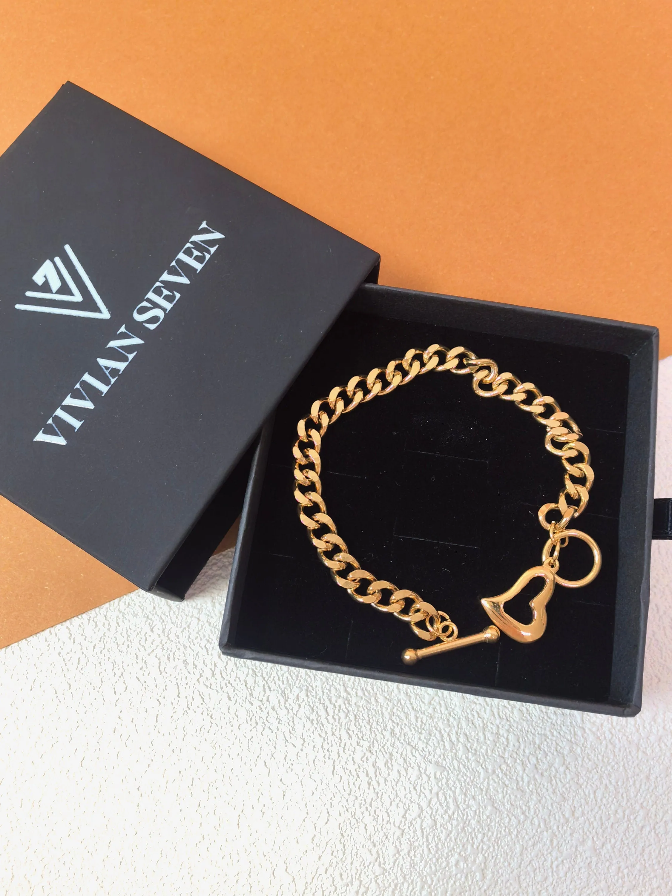 18K Gold Plated Stainless Steel Chunky Chain Link Love Charm Heart Toggle Bracelet