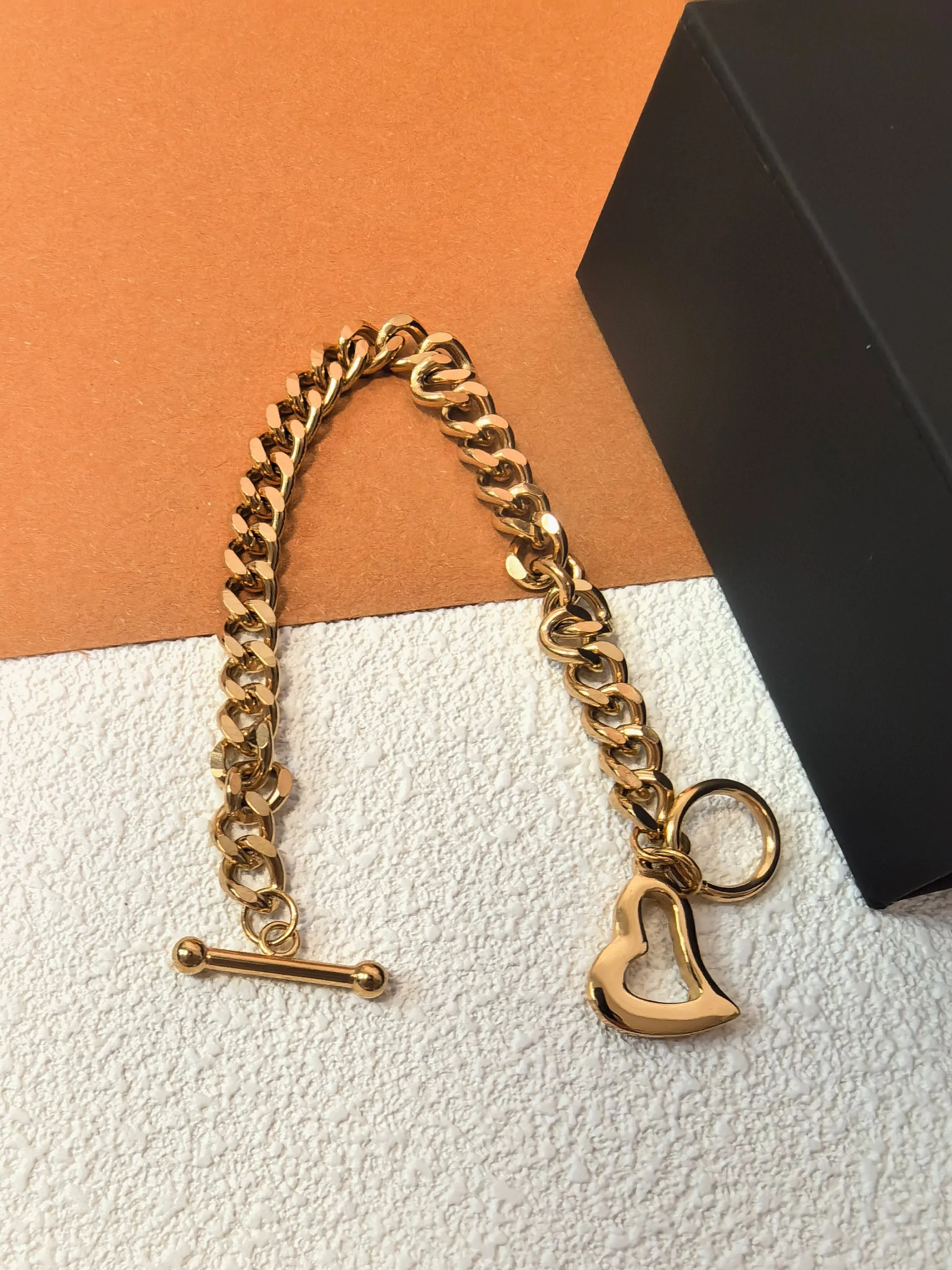 18K Gold Plated Stainless Steel Chunky Chain Link Love Charm Heart Toggle Bracelet
