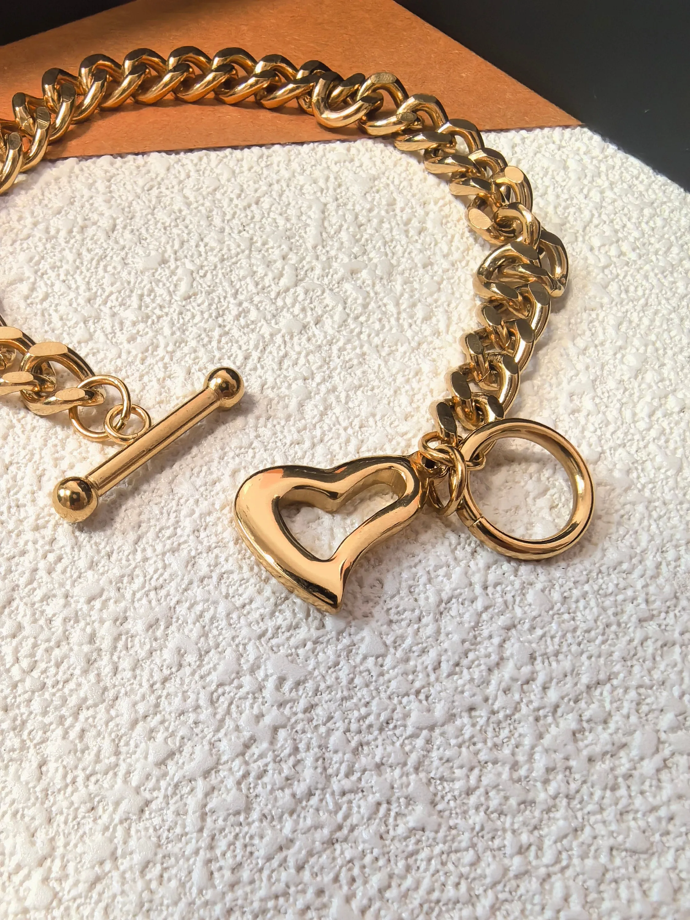 18K Gold Plated Stainless Steel Chunky Chain Link Love Charm Heart Toggle Bracelet