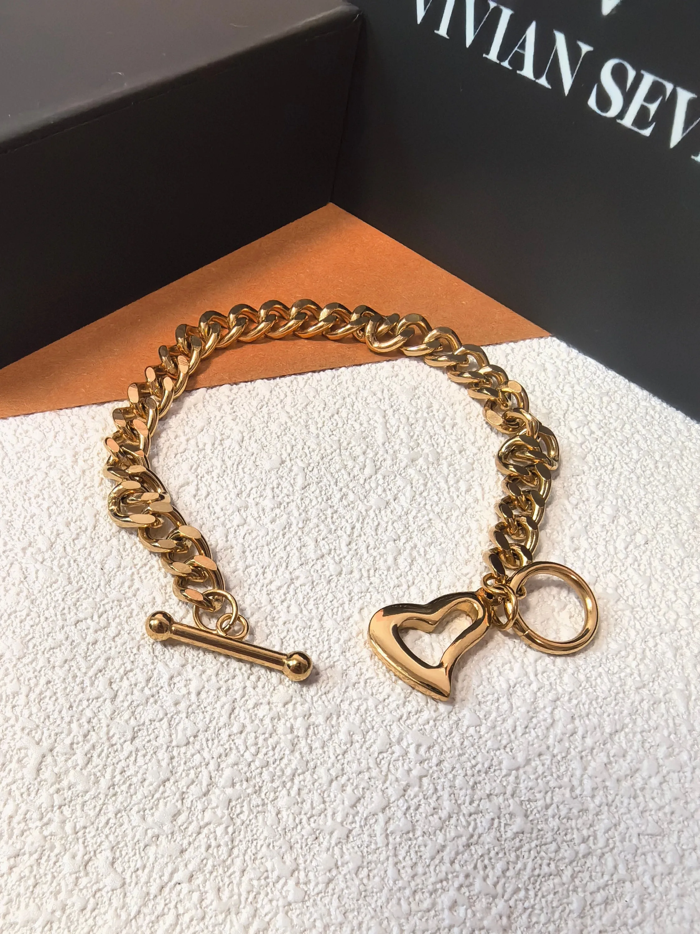 18K Gold Plated Stainless Steel Chunky Chain Link Love Charm Heart Toggle Bracelet