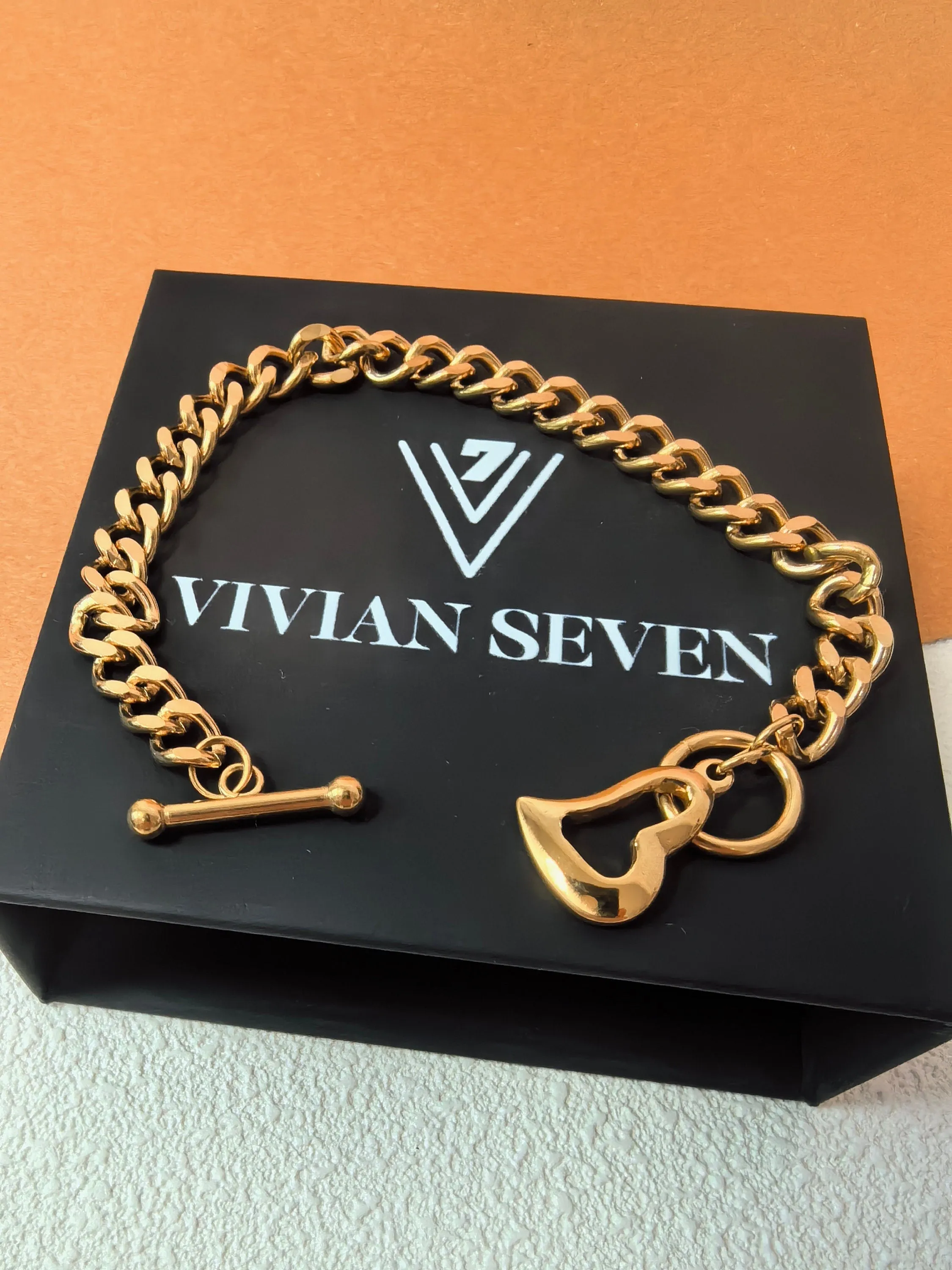 18K Gold Plated Stainless Steel Chunky Chain Link Love Charm Heart Toggle Bracelet