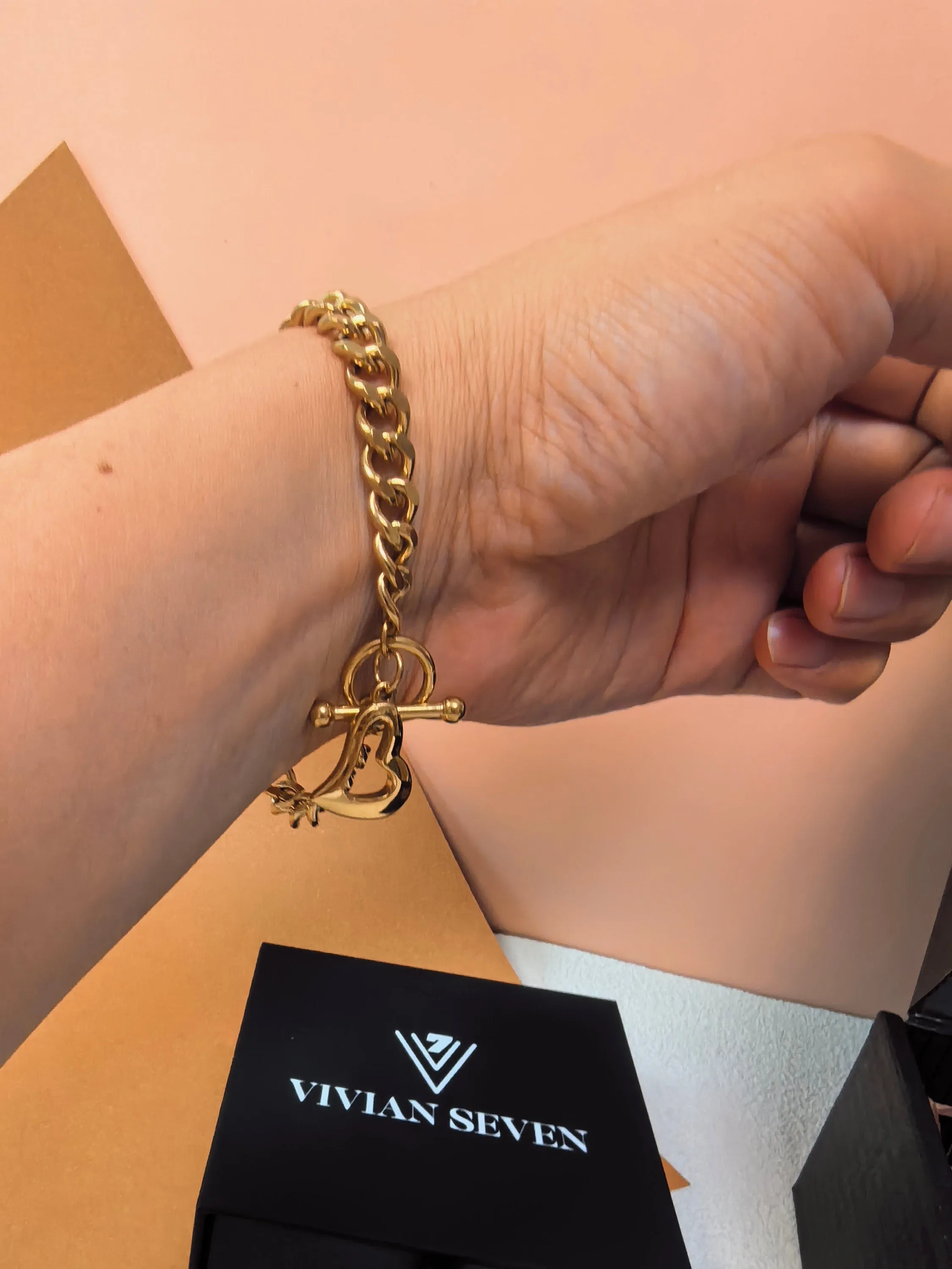 18K Gold Plated Stainless Steel Chunky Chain Link Love Charm Heart Toggle Bracelet