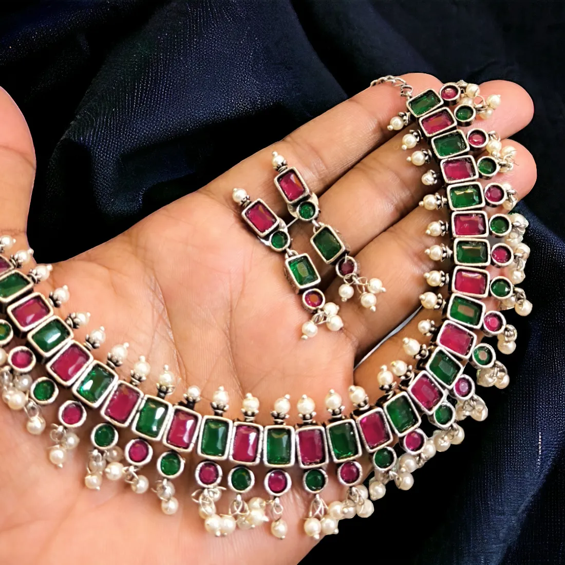 Aastha Silver Oxidised Necklace Set, Ruby / Green