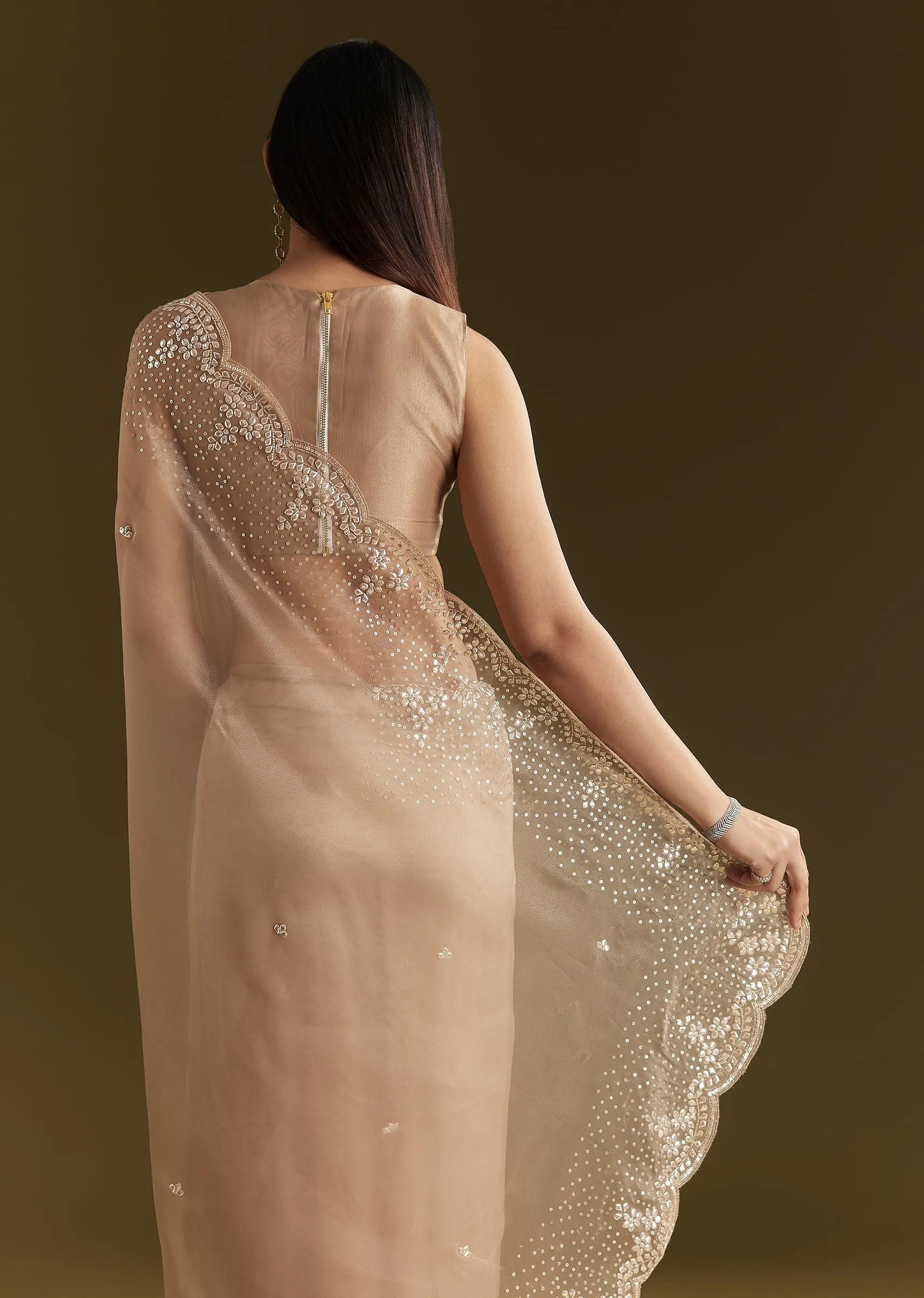 Beige Glass Tissue Embroidered Saree With Scallop Border