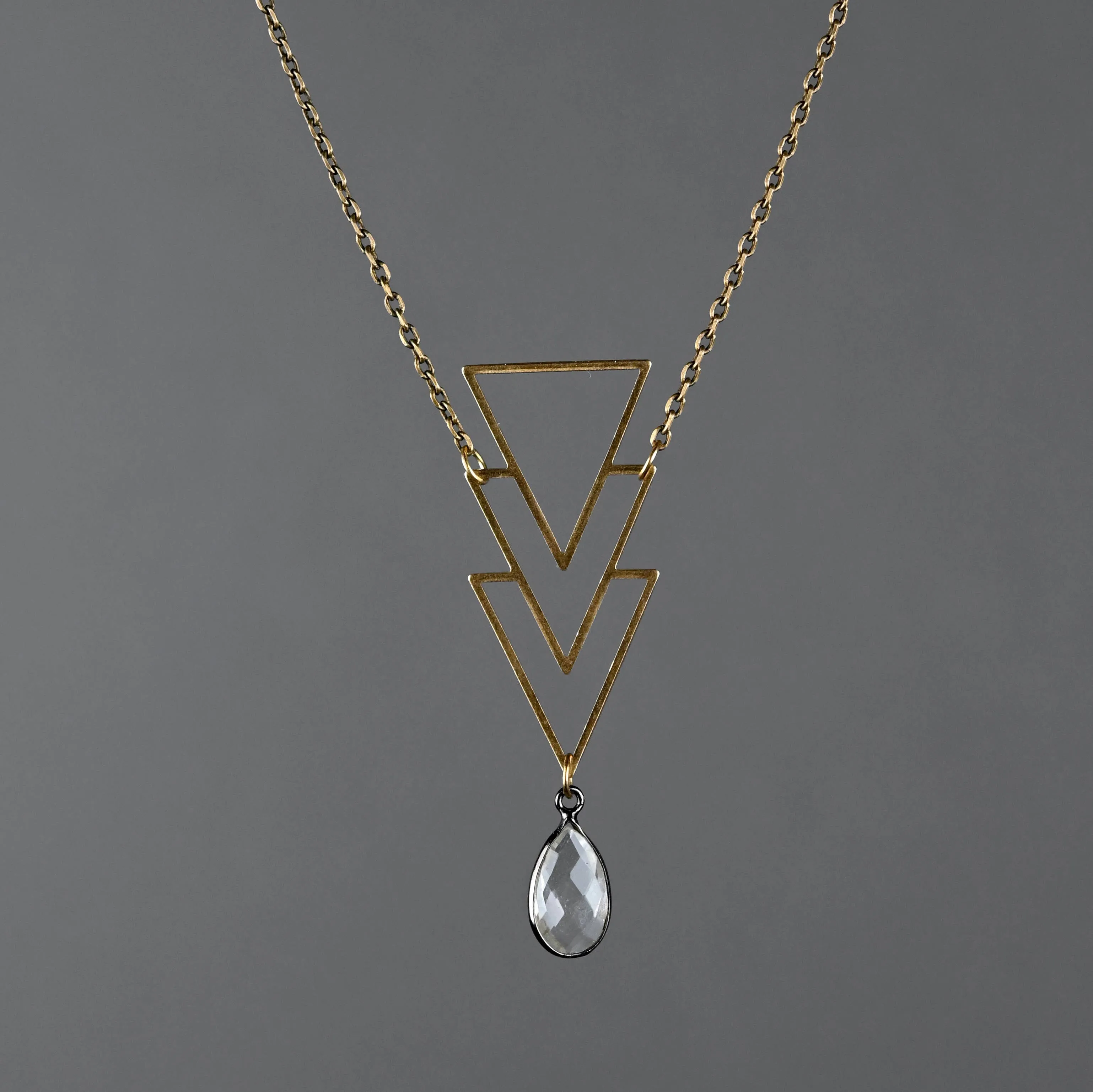 Brass Geometric Triangle Necklace (Smokey Quartz)
