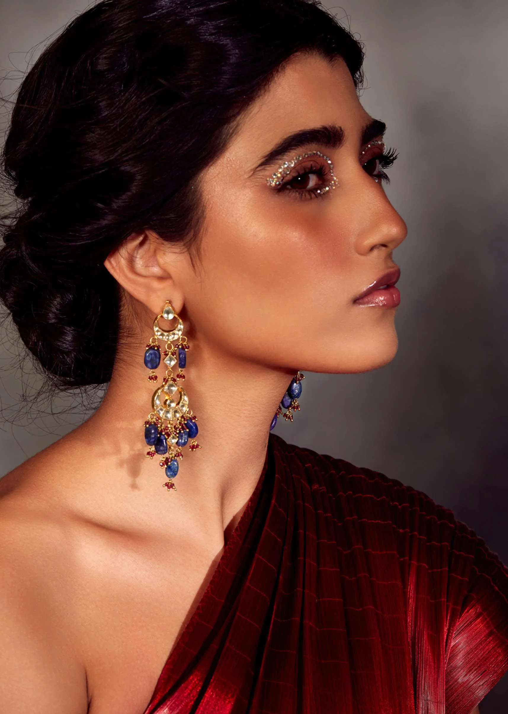 Chandbali Inspired Kundan And Blue Lapis Lazuli Stones Earrings