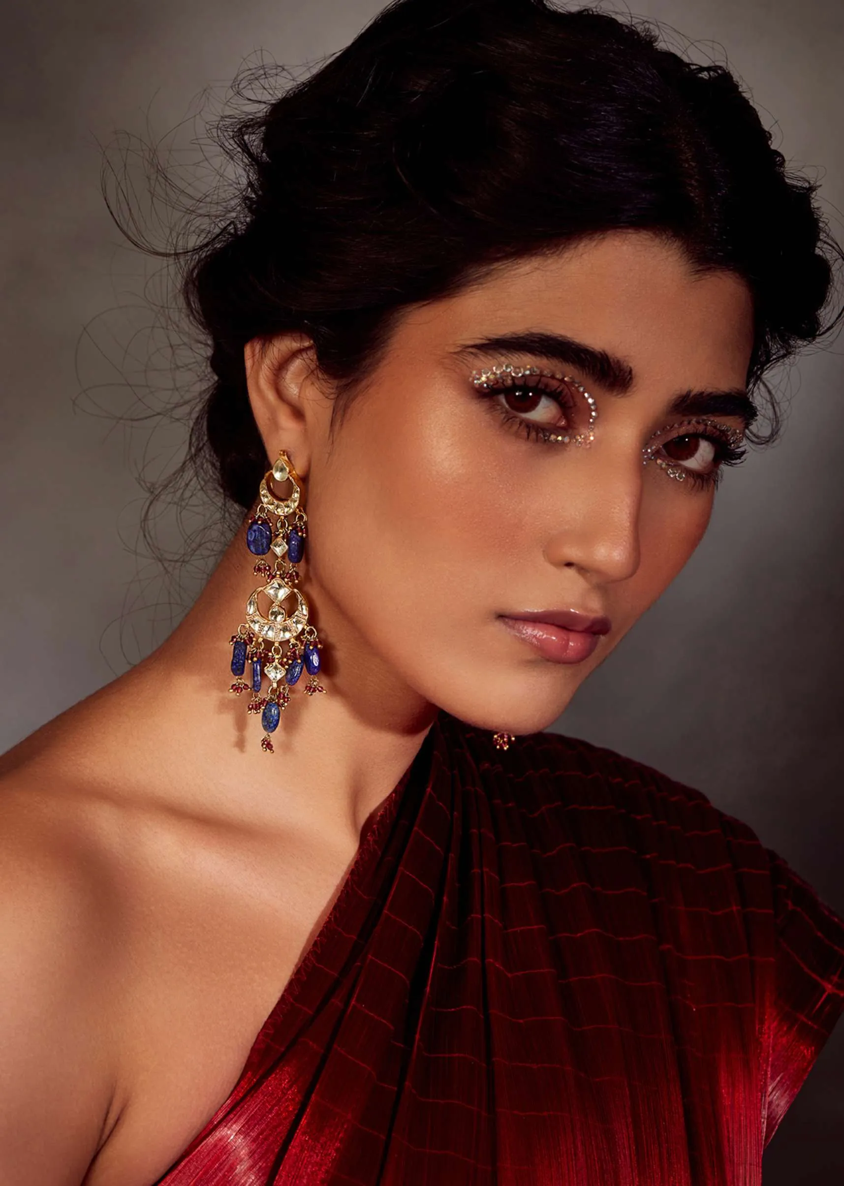 Chandbali Inspired Kundan And Blue Lapis Lazuli Stones Earrings