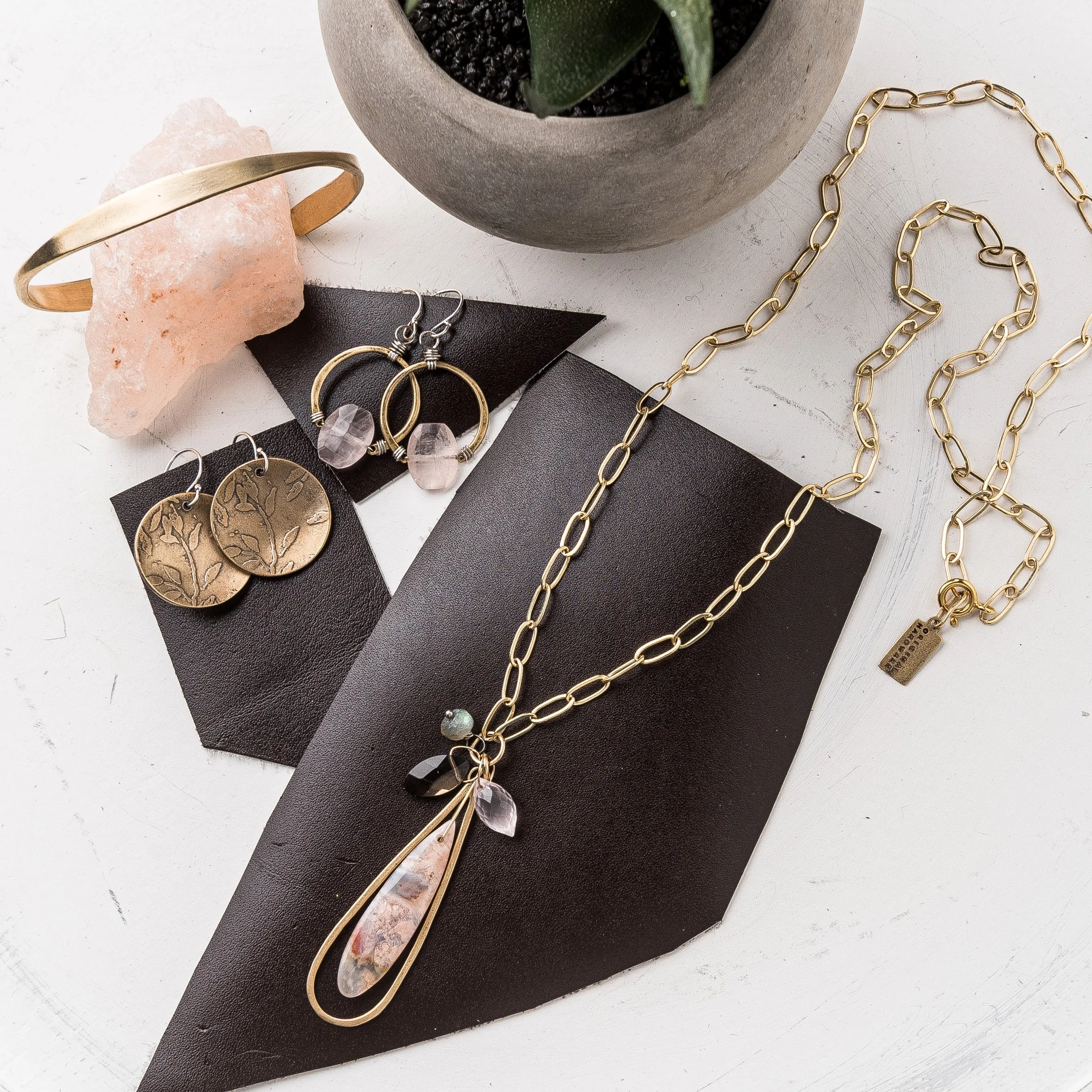 Cherry Blossom Agate Necklace on Gold Paperclip Chain