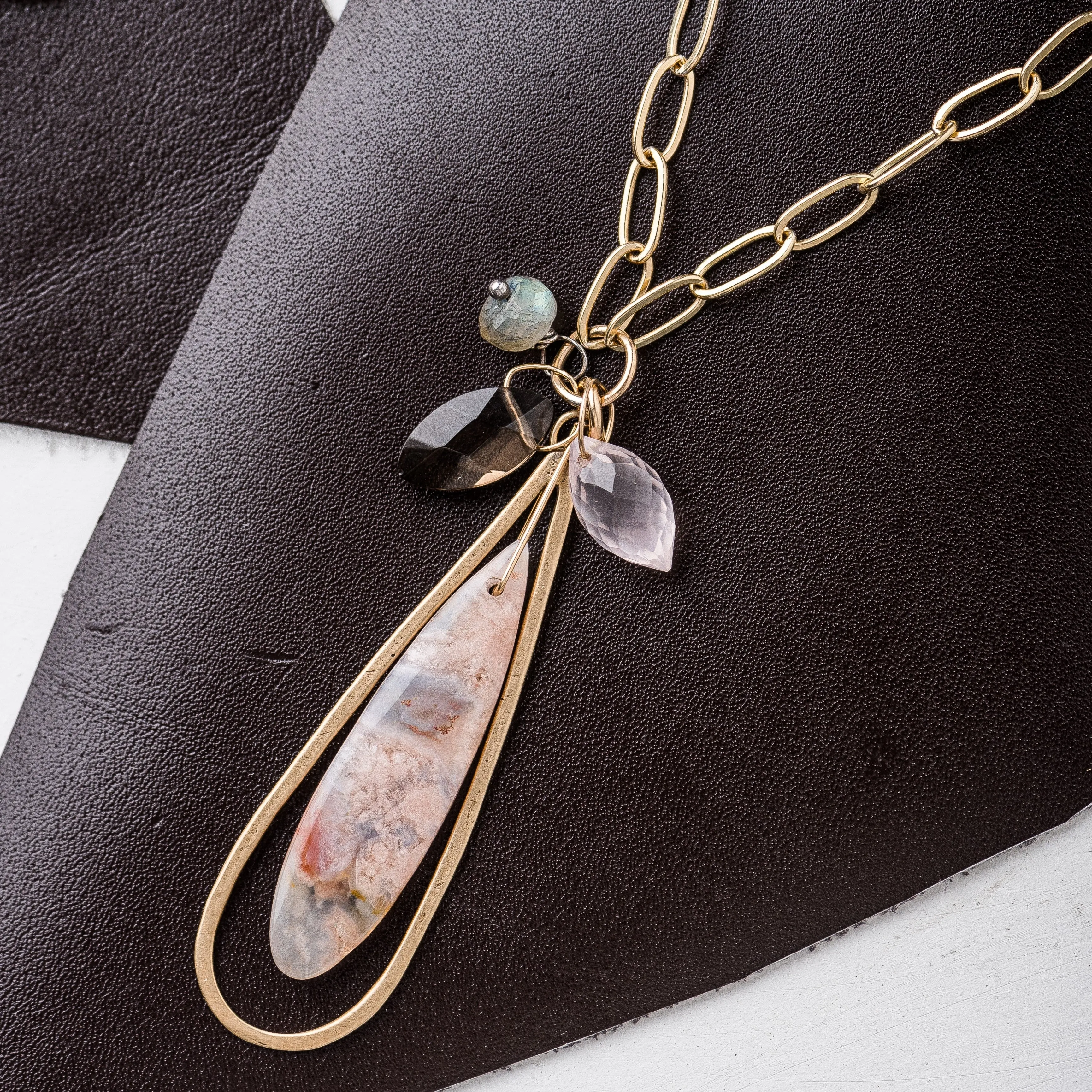 Cherry Blossom Agate Necklace on Gold Paperclip Chain