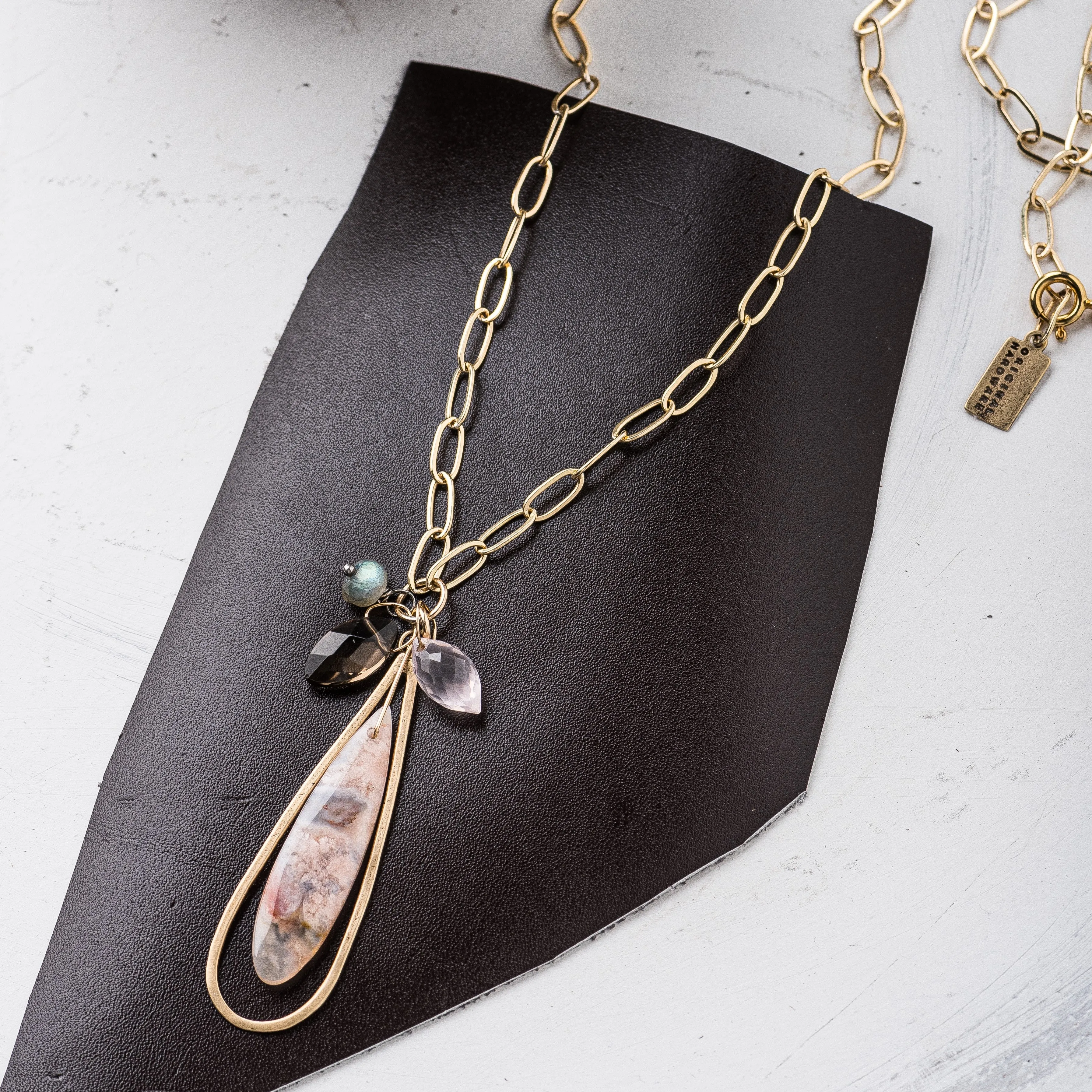 Cherry Blossom Agate Necklace on Gold Paperclip Chain