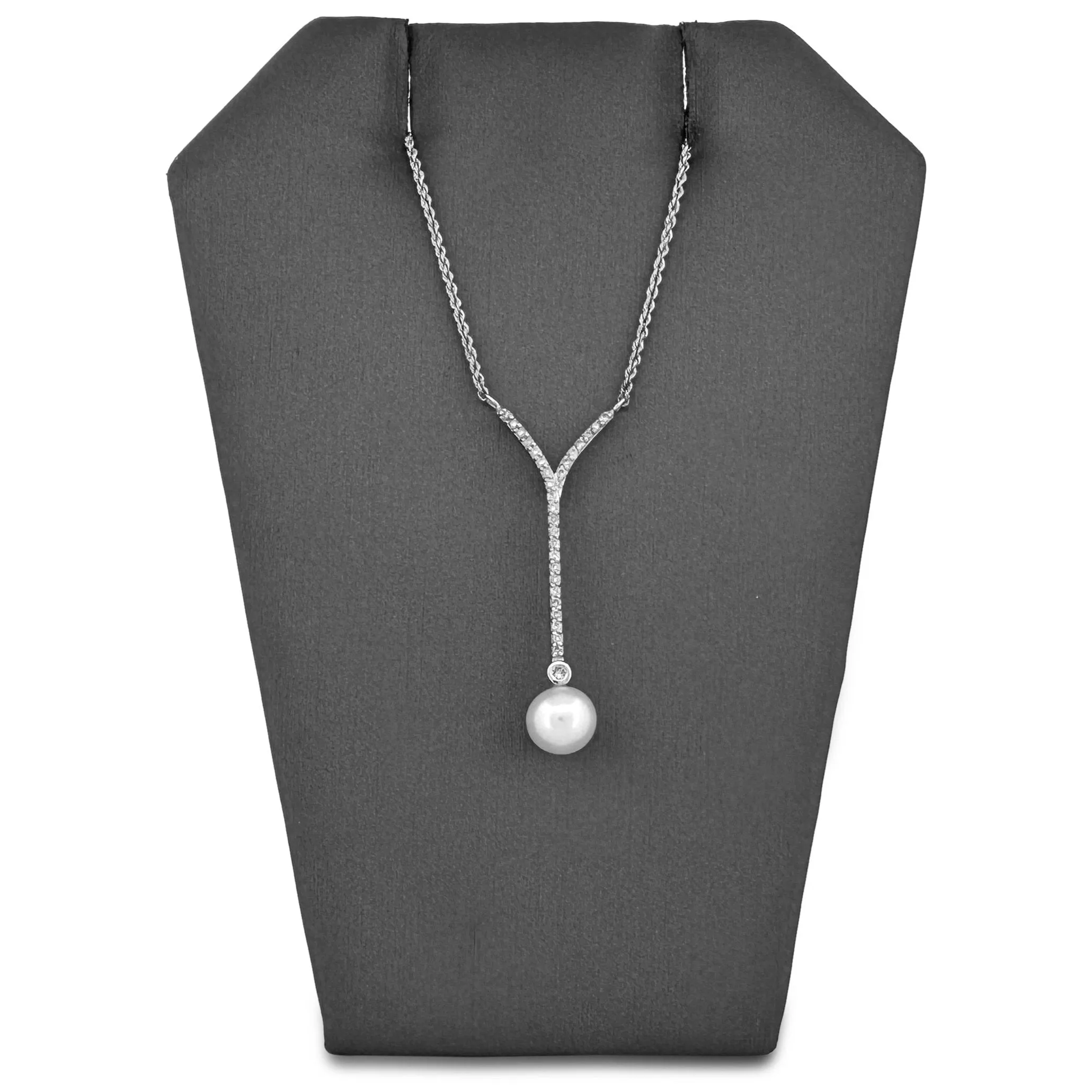 Cultured Pearl and Diamond Y-Drop Necklace in 14 Karat White Gold