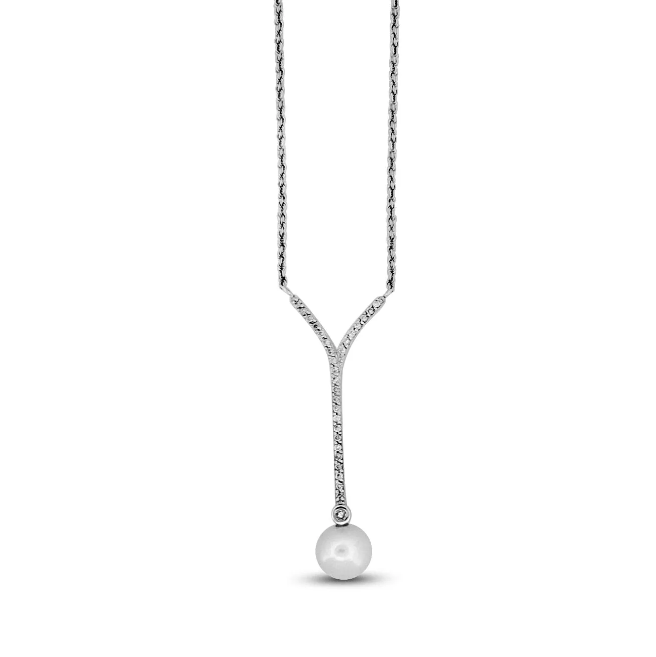 Cultured Pearl and Diamond Y-Drop Necklace in 14 Karat White Gold