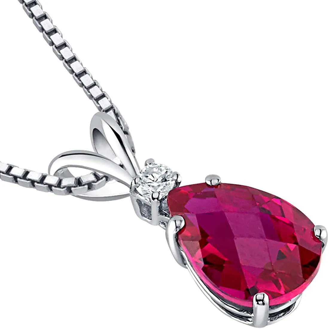 Diamond & Created Ruby Teardrop Pear Shape Solitaire Pendant in 14K Gold Plate Setting