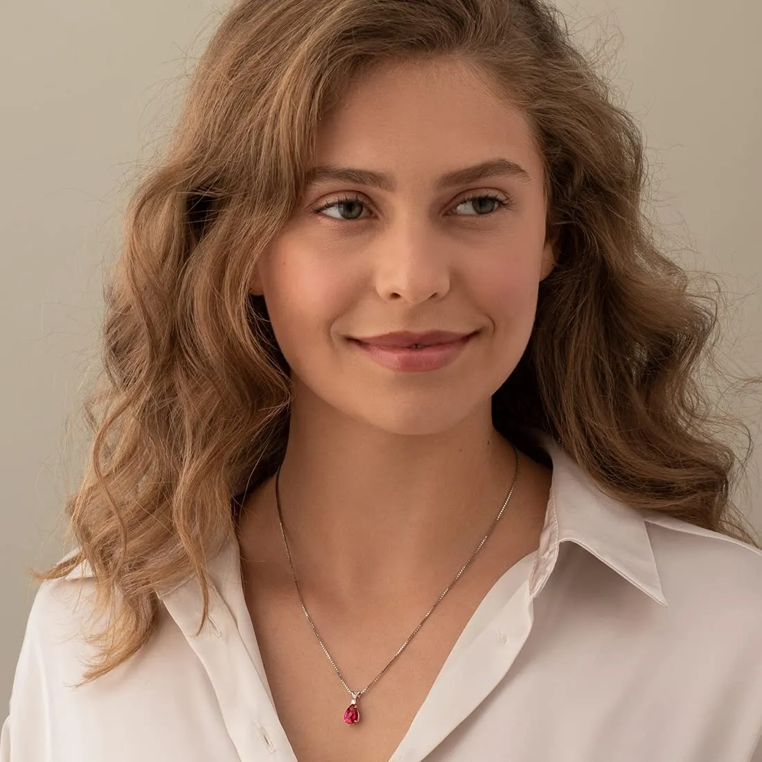 Diamond & Created Ruby Teardrop Pear Shape Solitaire Pendant in 14K Gold Plate Setting