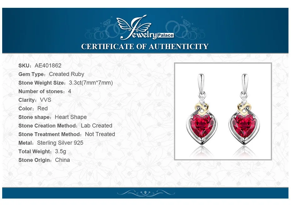 Earrings 3.4ct Created Red Ruby Love Knot Heart Earrings Women 925 Sterling Silver 18K Yellow Gold