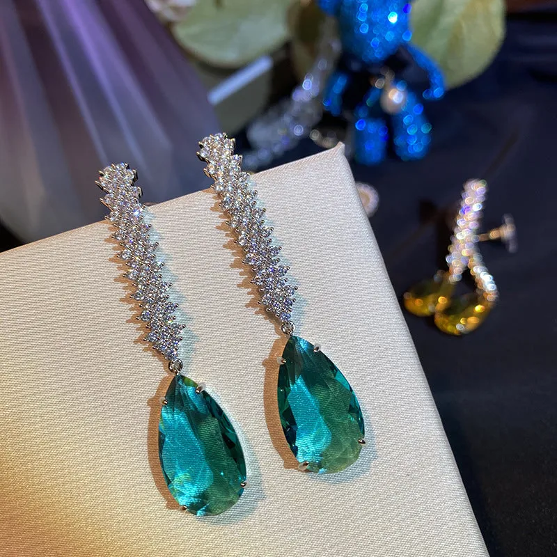 Earrings Green Crystal Zircon Long Tassel Silver Needle