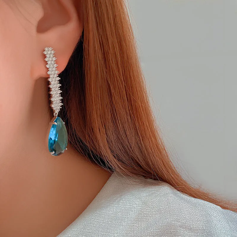 Earrings Green Crystal Zircon Long Tassel Silver Needle
