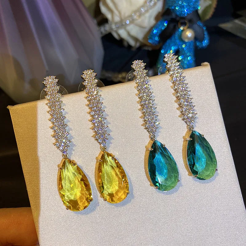 Earrings Green Crystal Zircon Long Tassel Silver Needle