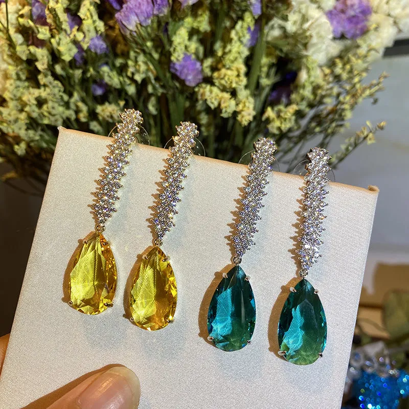 Earrings Green Crystal Zircon Long Tassel Silver Needle