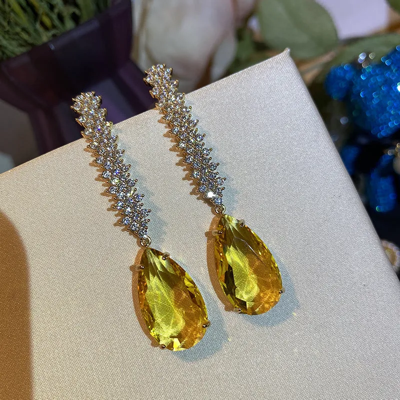 Earrings Green Crystal Zircon Long Tassel Silver Needle