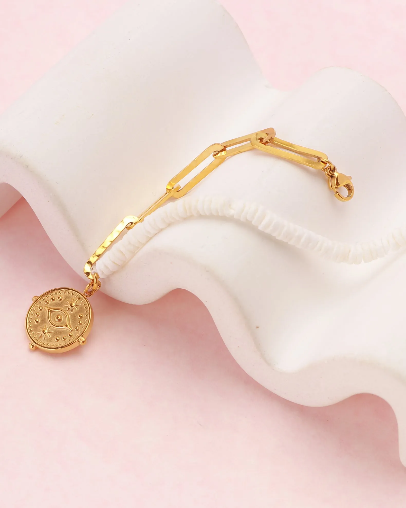 Eye Charm Gold Chain White Shell Bracelet