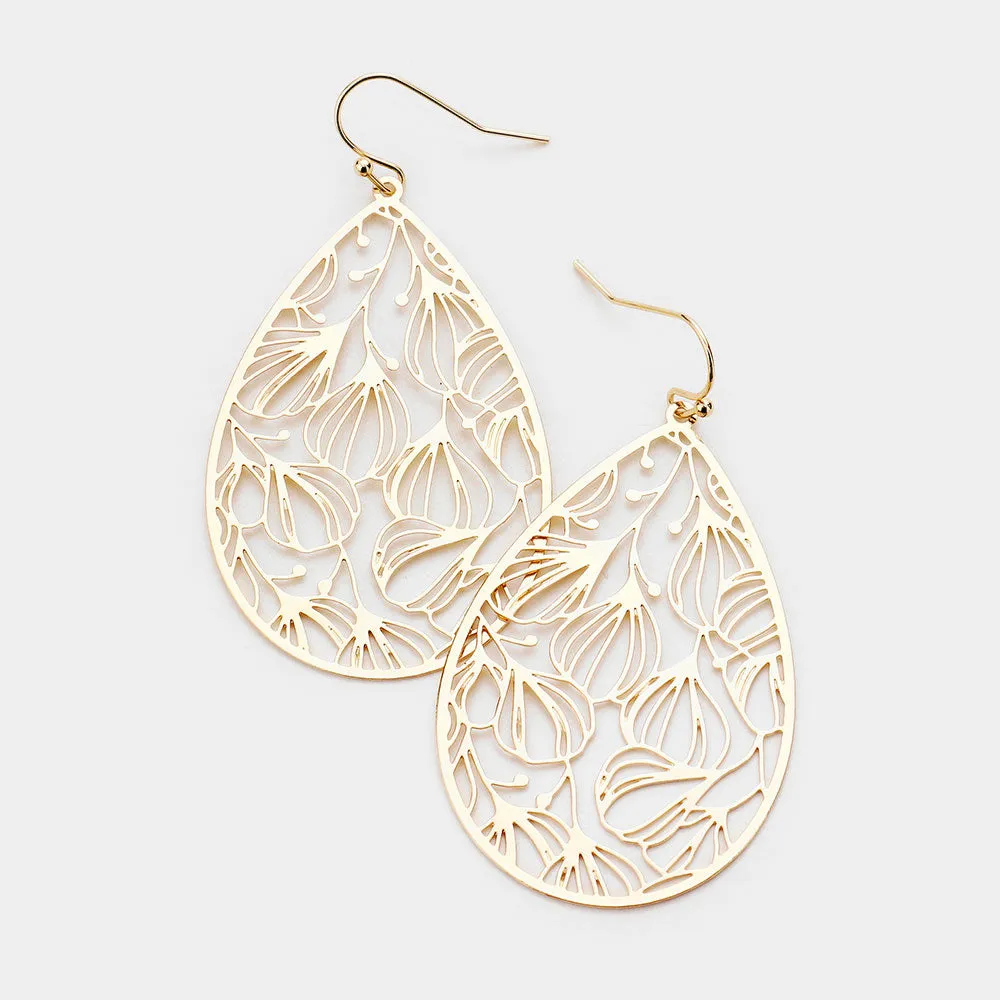 Filigree Brass Metal Teardrop Dangle Earrings Gold Tone
