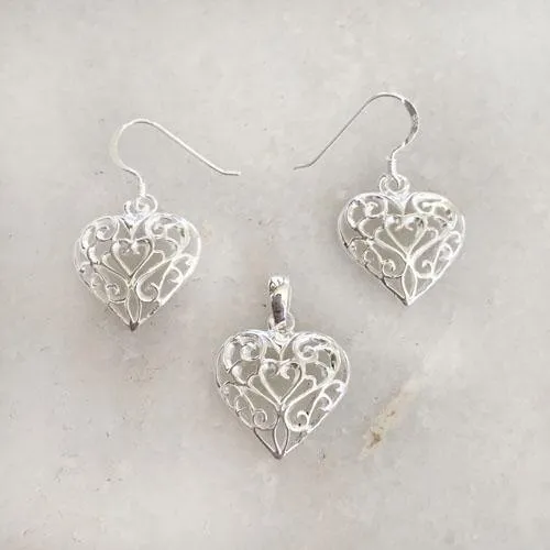 Filigree Heart Silver Pendant & Earring Set
