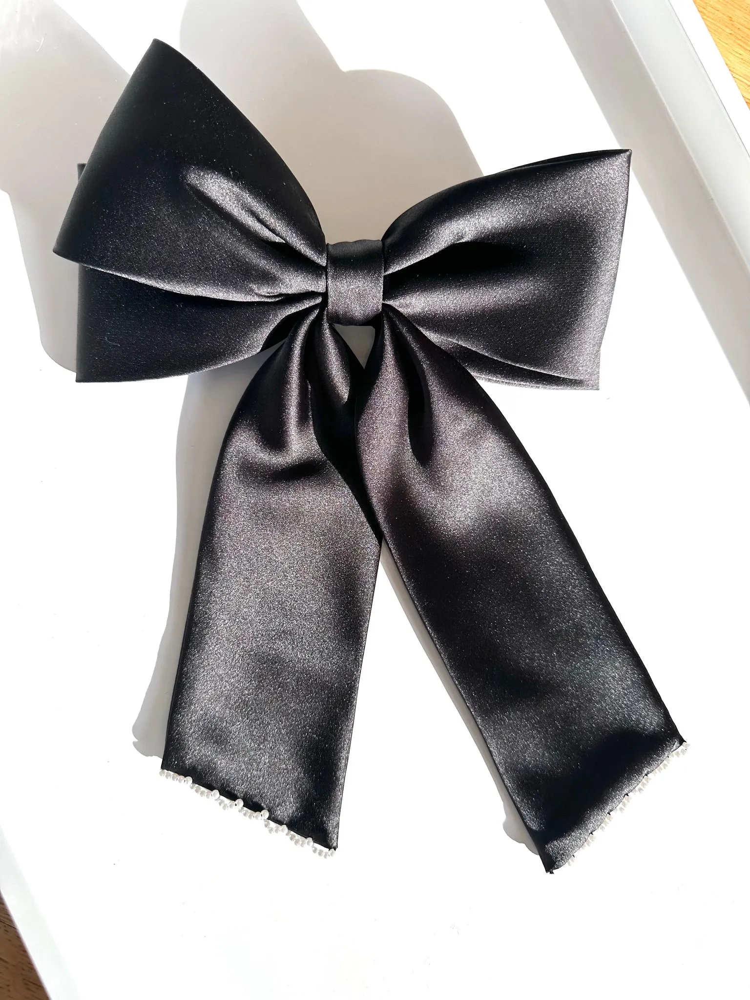 Hand-beaded Perfect Long Satin Hair Bow Barrette