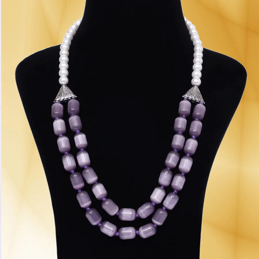 Imeora Knotted White 8mm Shell Pearl Double Necklace With Purple Monalisa