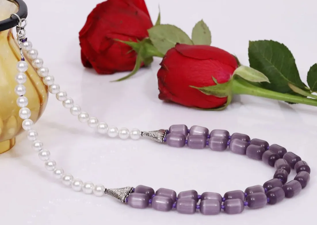 Imeora Knotted White 8mm Shell Pearl Double Necklace With Purple Monalisa
