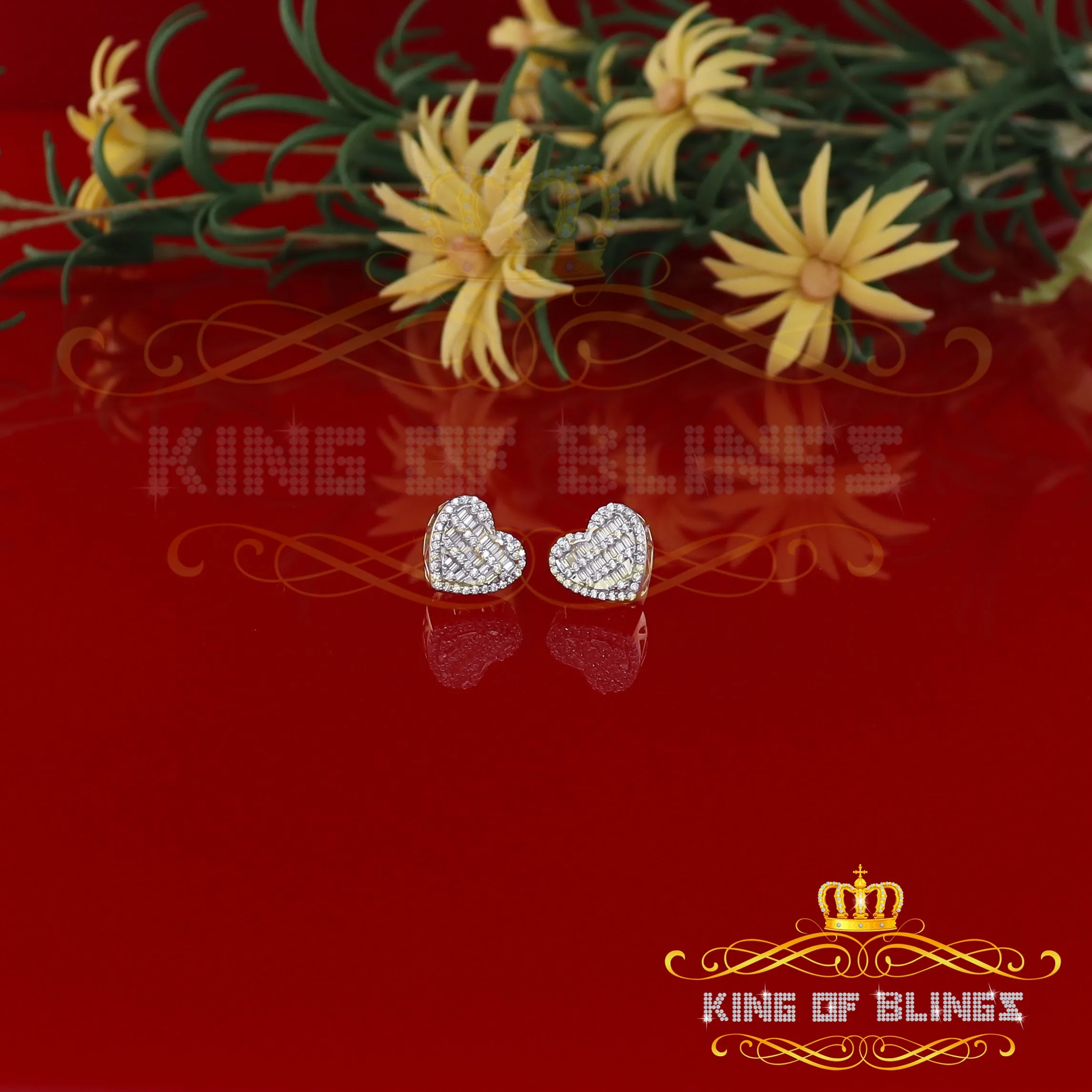 King of Bling's 925 Yellow Sterling Silver 1.48ct Cubic Zirconia Men's & Women's Heart Earrings