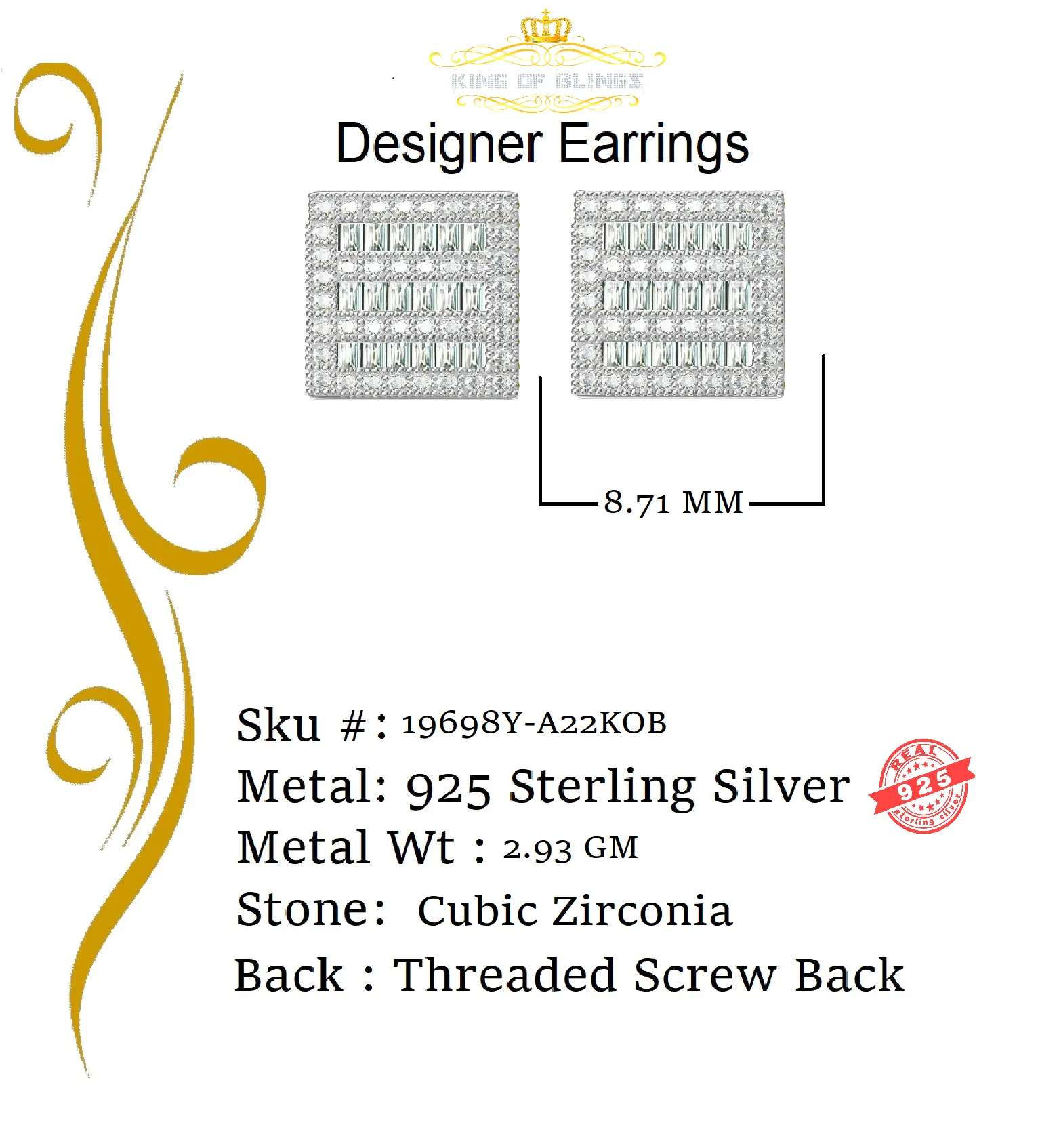 King of Bling's Hip Hop Screw Back Yellow 2.07ct Silver Cubic Zirconia Women's & Men's Earrings