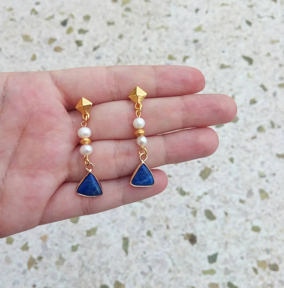 Navy Blue Earrings, Lapis Lazuli Byzantine Earrings, Drop Pearl Earrings