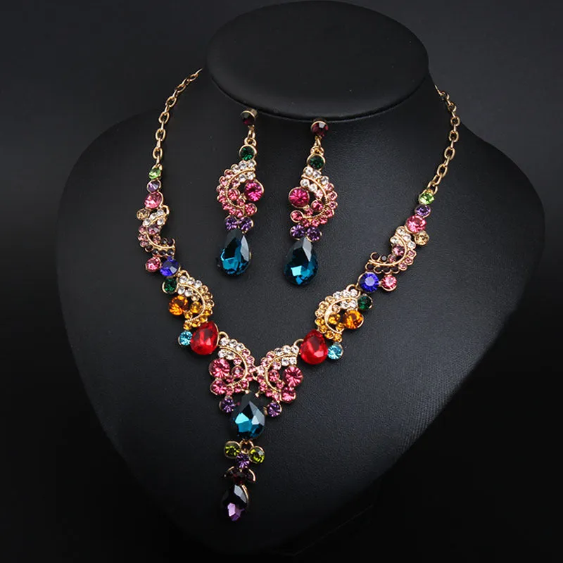 New Style European and American Light Luxury Crystal Simple Gemstone Necklace Earrings Set Dress Bride Female