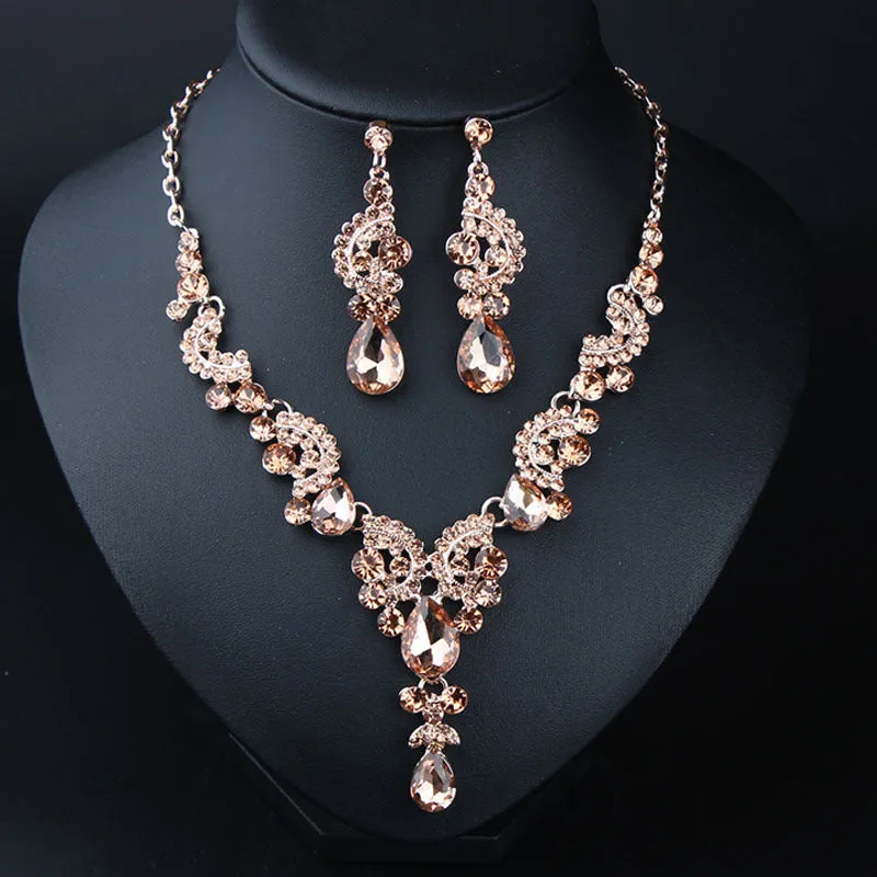 New Style European and American Light Luxury Crystal Simple Gemstone Necklace Earrings Set Dress Bride Female