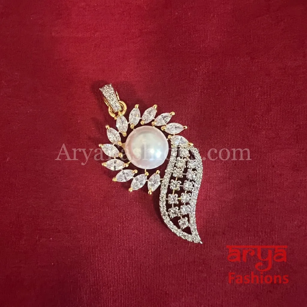 Niva Golden CZ Pearl Pendant with Stud Earrings