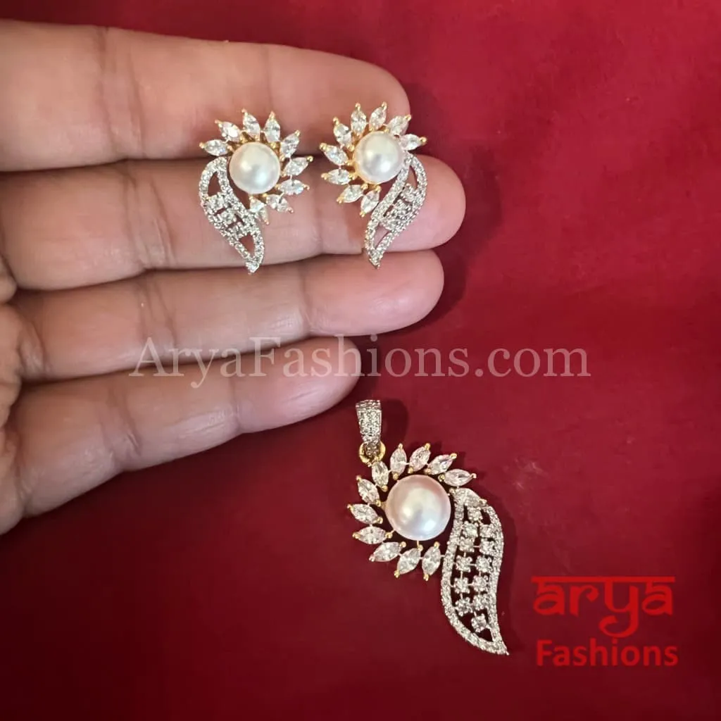 Niva Golden CZ Pearl Pendant with Stud Earrings