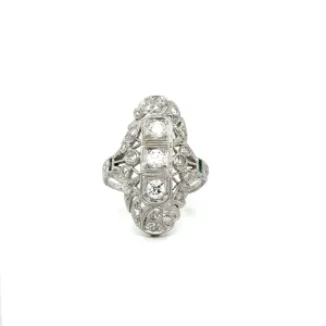 Platinum Art Deco Diamond Emerald Navette Filigree Ring at Regard Jewelry in Austin, Texas