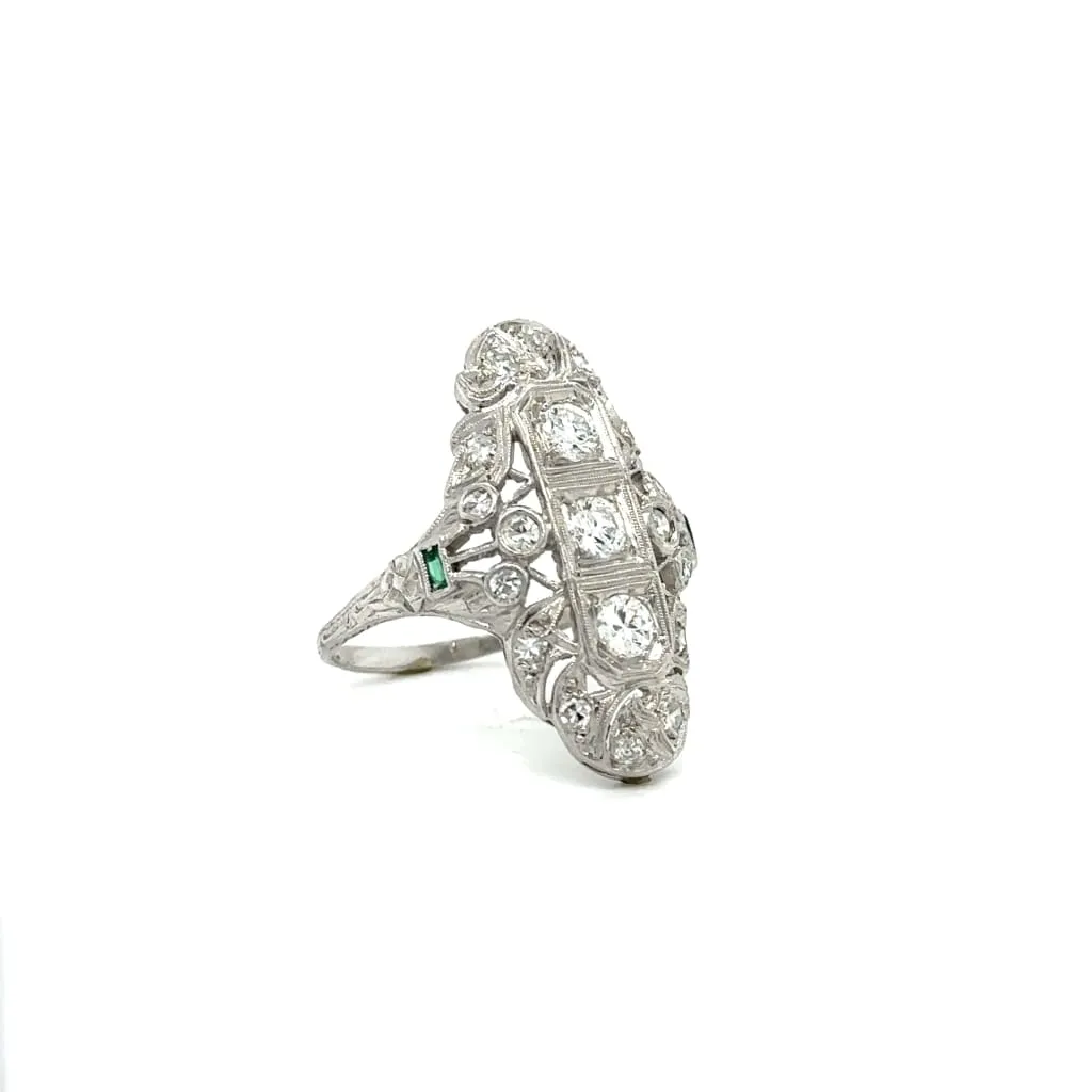 Platinum Art Deco Diamond Emerald Navette Filigree Ring at Regard Jewelry in Austin, Texas