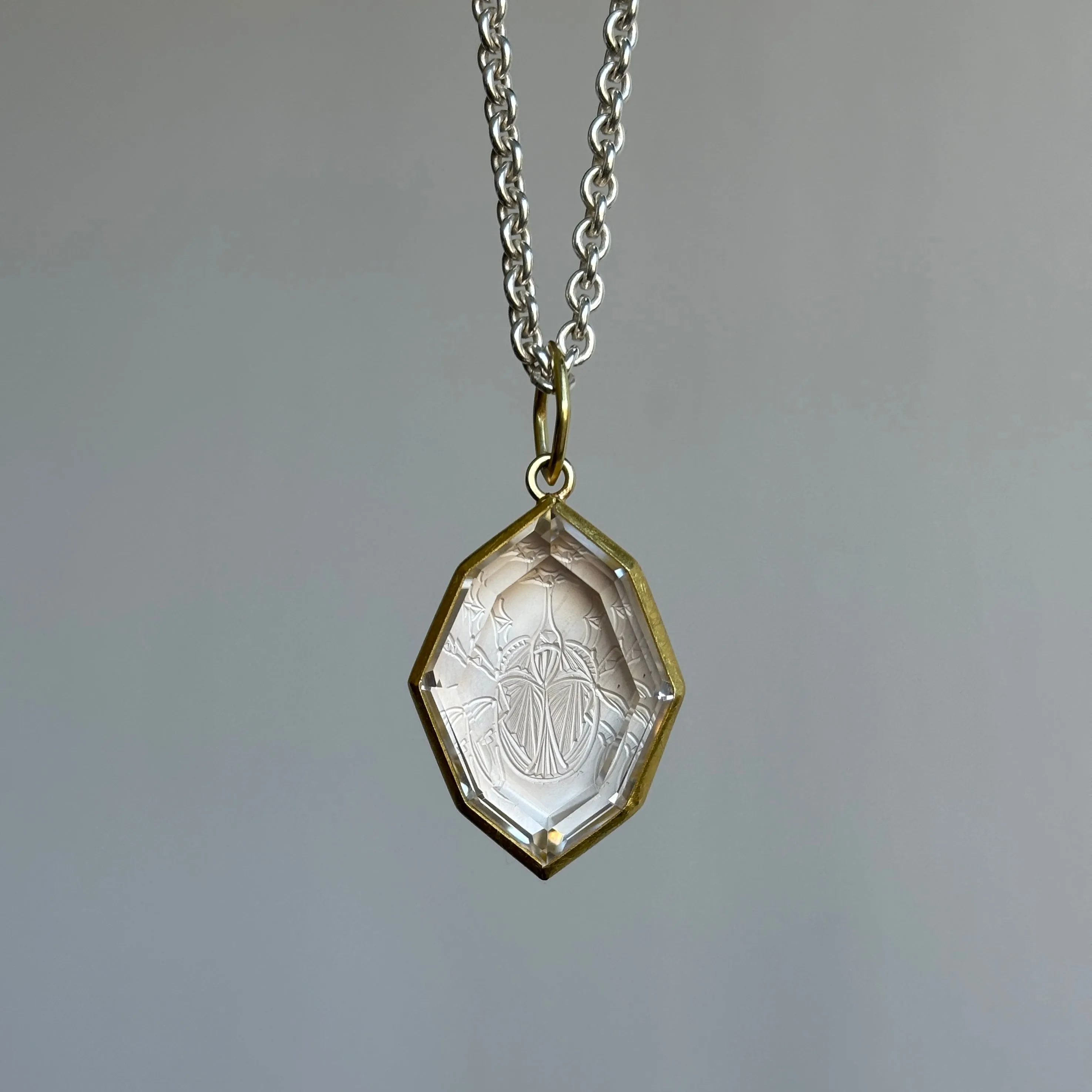 Rhino Beetle Engraved Quartz Pendant