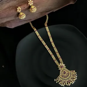 Ruby Antique Gold Finish Long Necklace Set