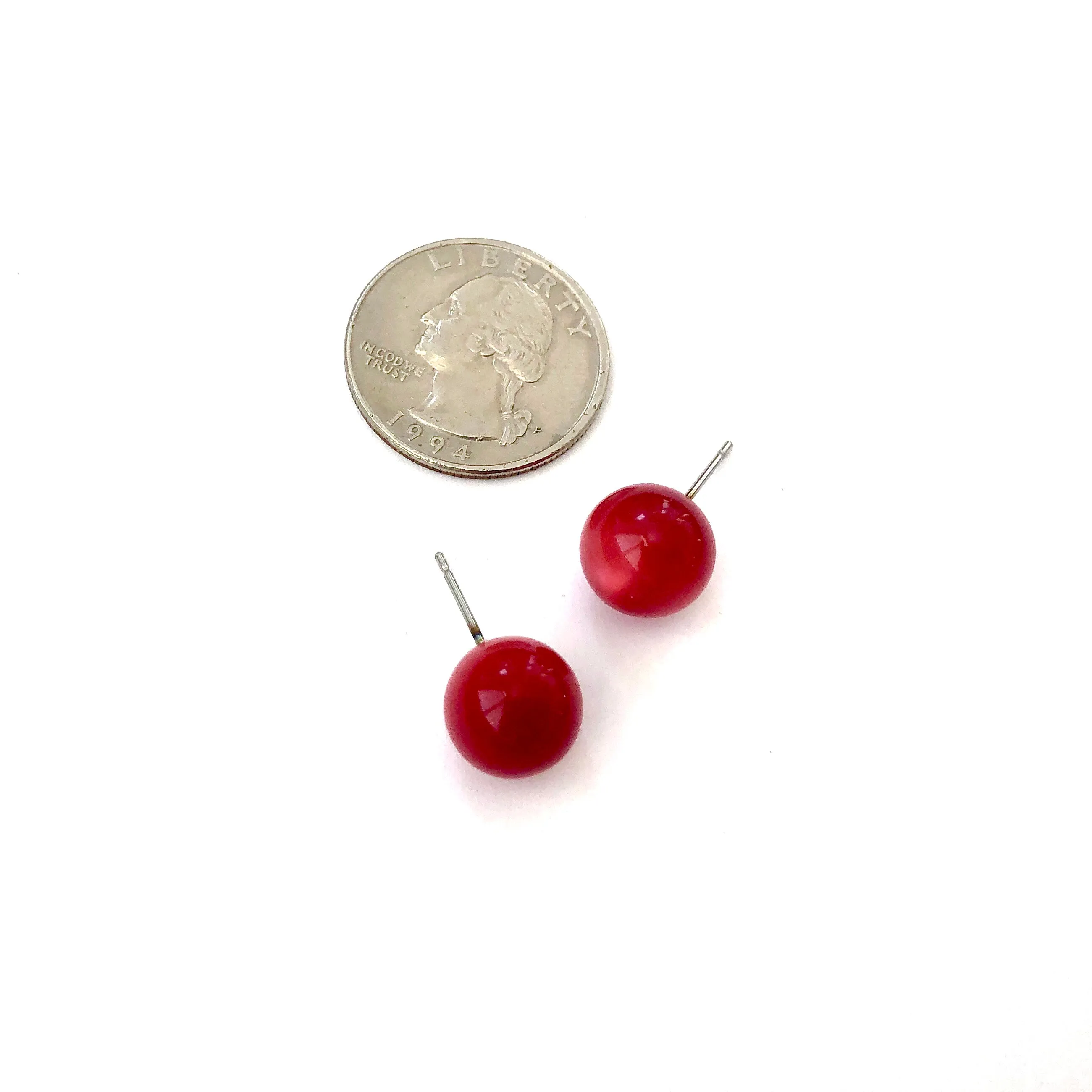 Ruby Red Moonglow Lucite Ball Stud Earrings