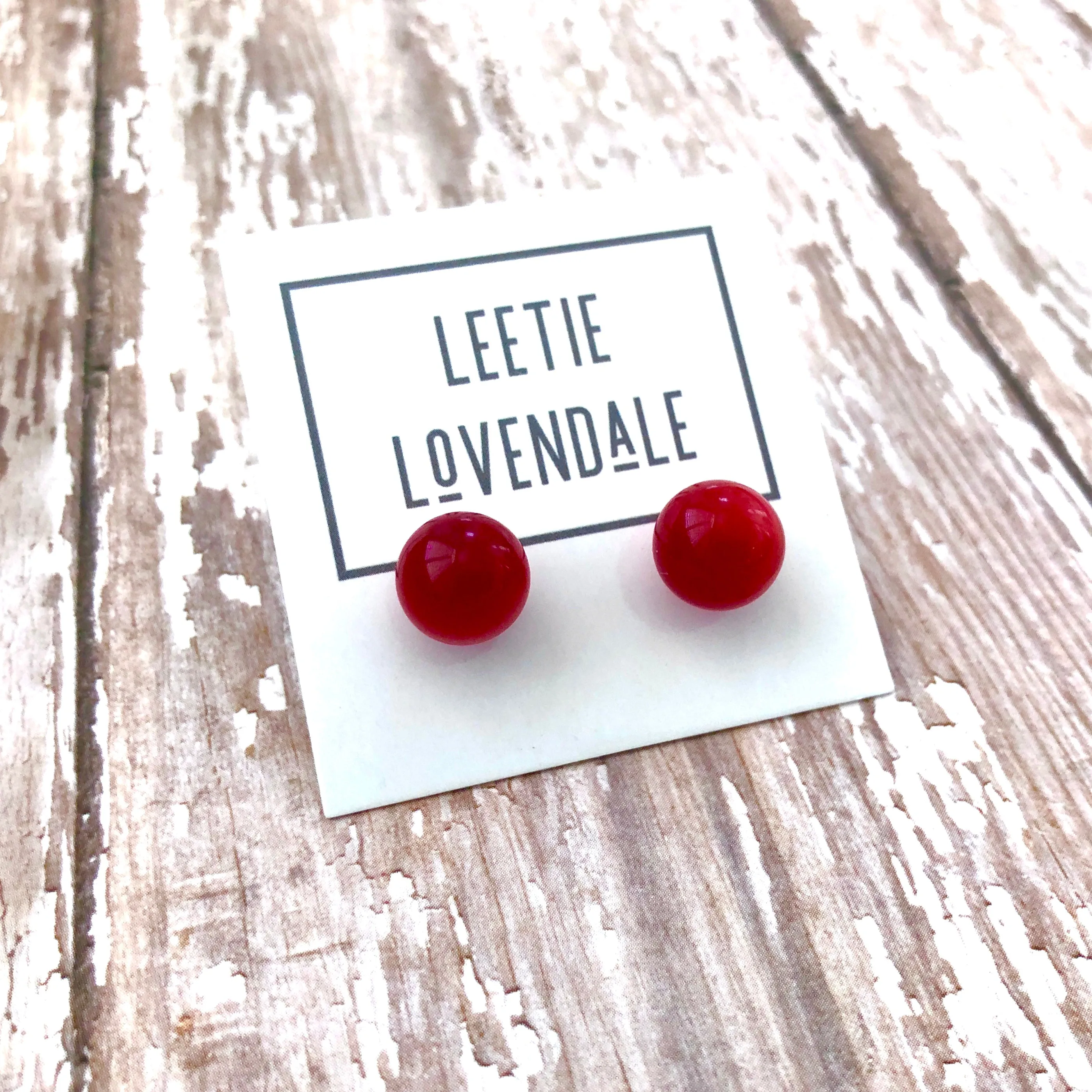 Ruby Red Moonglow Lucite Ball Stud Earrings