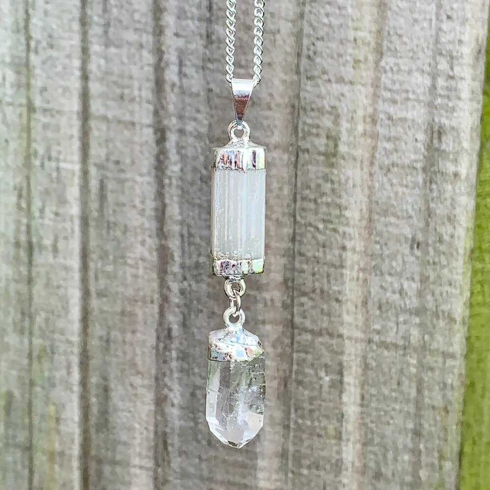 Selenite and Clear Quartz Cluster Pendant Necklace
