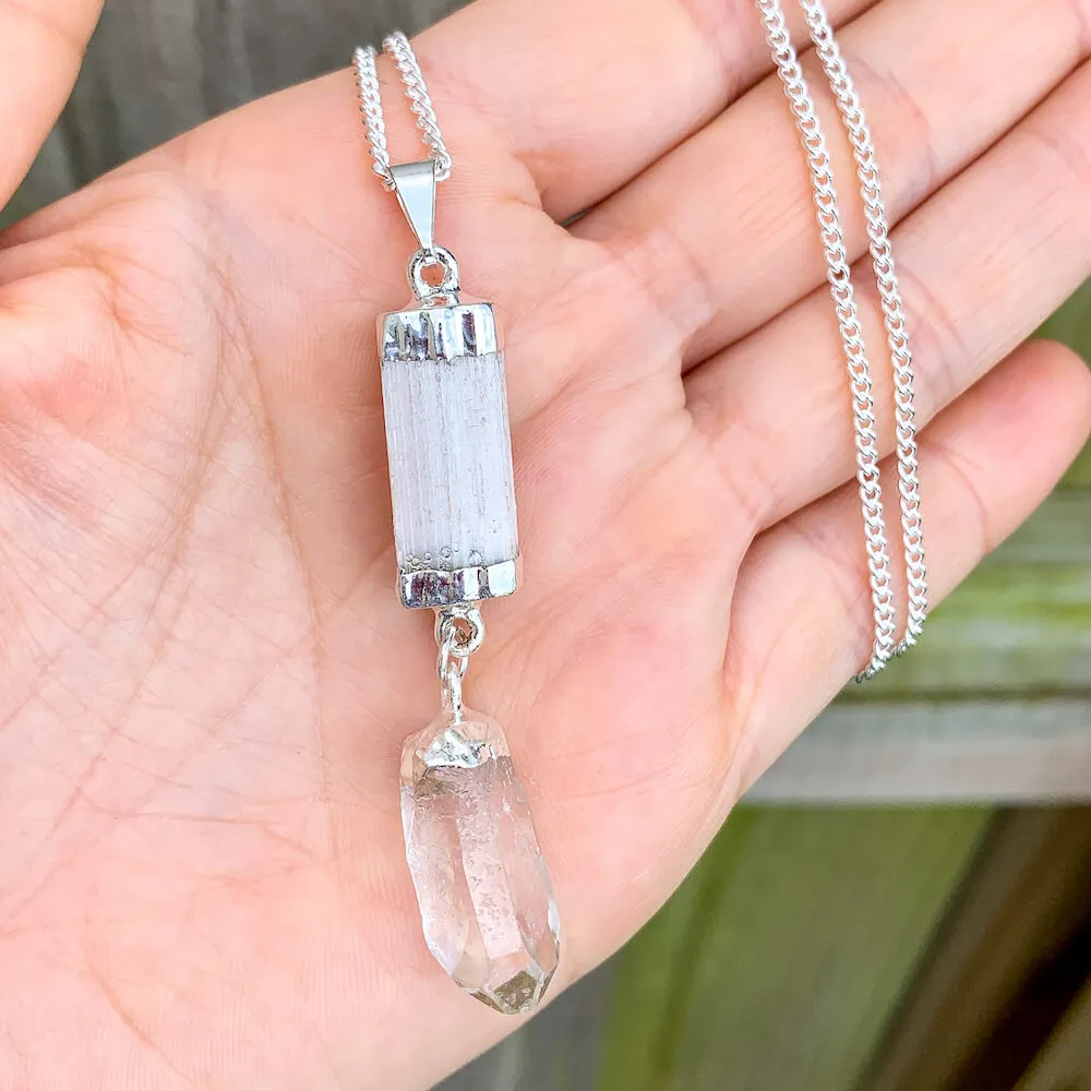 Selenite and Clear Quartz Cluster Pendant Necklace